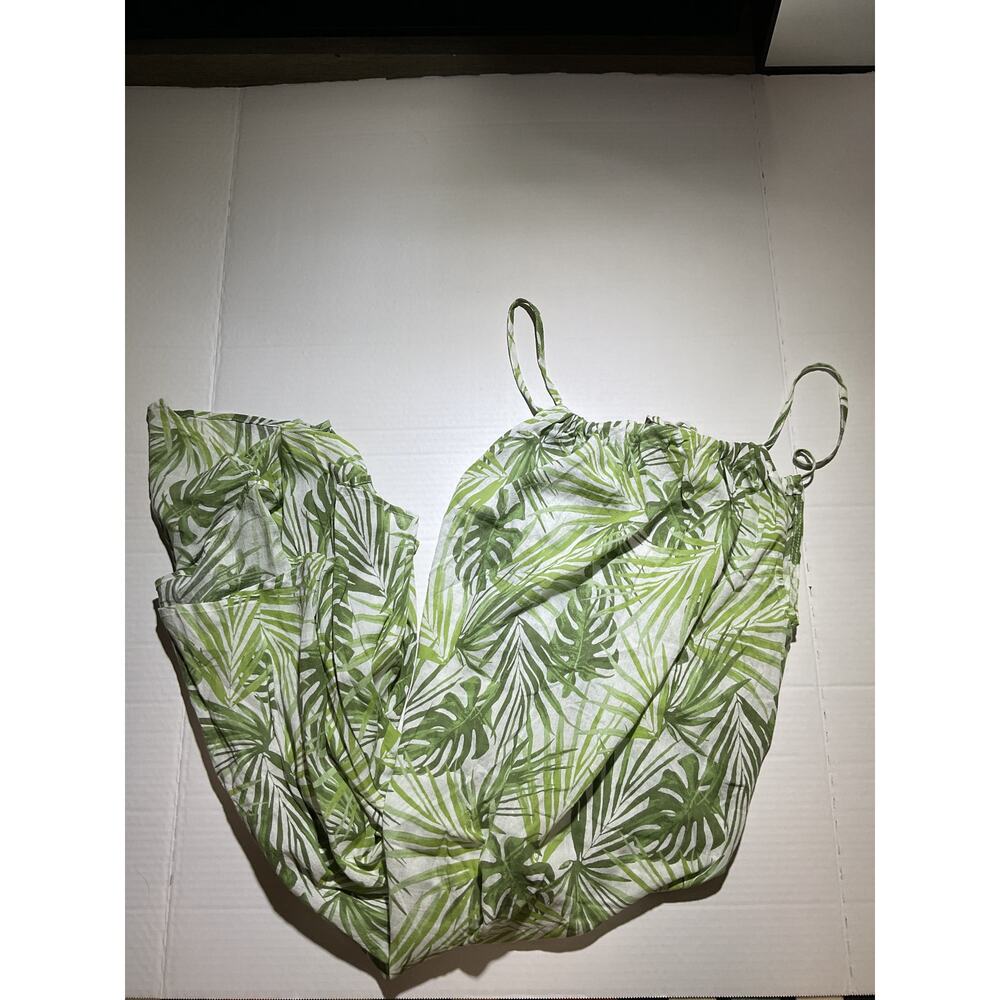 Women’s Tropical Palm Leaf Print Maxi Dress Green White Spaghetti Strap